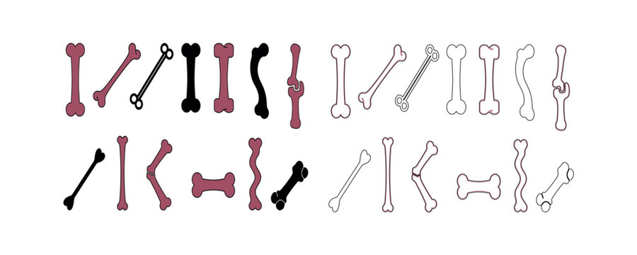 Collection of dog bones. Various bone illustrations. Pet food icons.