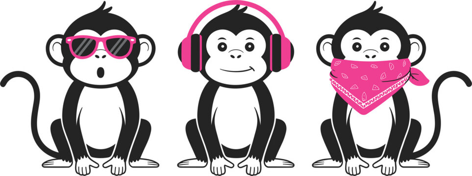 Three wise monkeys modern cartoon concept with pink sunglasses, headphones and bandana vector illustration set
