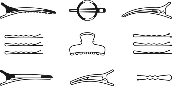 Hair Clips and Bobby Pins Vector Icon Set for Salon Styling Accessories, Beauty Parlor Equipment, Fashion Headwear, and Feminine Hairstyle Care Tools