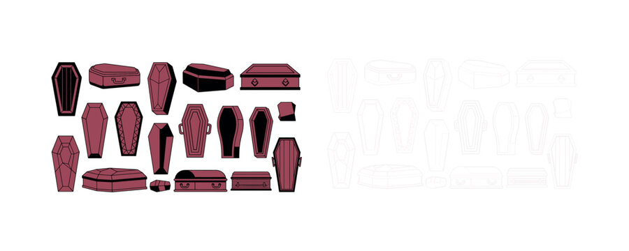Coffin vector icons. Funeral coffin illustrations. Death and burial symbols.