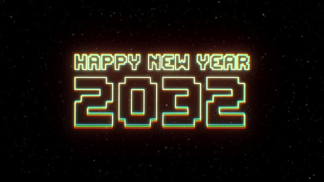 Happy New Year 2032 Neon text with retro style