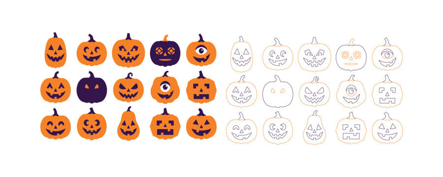 Halloween pumpkin faces. Scary jack-o-lanterns. Vector illustration icons.