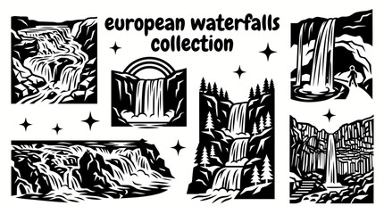 european waterfalls featuring gullfoss skogafoss seljalandsfoss rhine falls krimml waterfalls and svartifoss arranged as a premium collection vector illustration set for travel and geography projects © Ethan