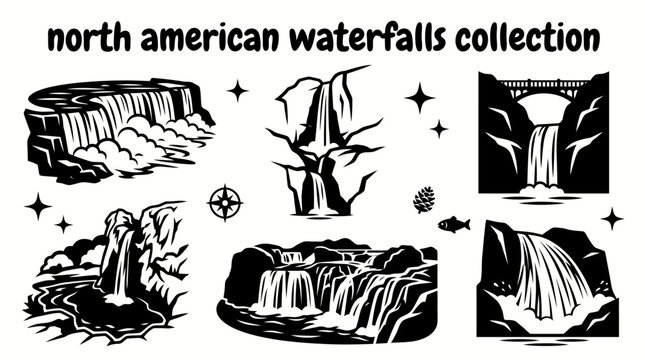 north american waterfalls featuring niagara falls yosemite falls multnomah falls havasu falls shoshone falls and bridalveil falls arranged as a collection vector illustration set for tourism branding 