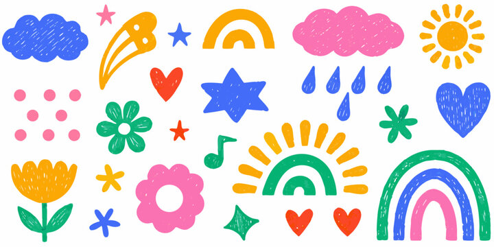 Colorful childlike doodles including clouds rainbows and floral elements vector illustration