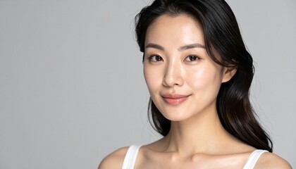 Fototapeta premium 皮膚科・美容医療広告素材・敏感肌ケアの日本人女性ポートレート（ライトグレー・余白付き）, Japanese Woman Sensitive Reactive Skin Aesthetic Medicine Beauty Portrait Light Gray Copy Space