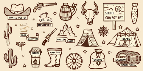 Wild West Elements Collection Hand Drawn Vector Illustration © Prodip