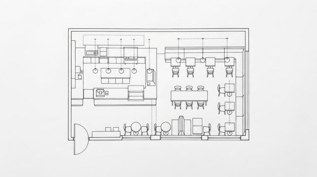 Topdown floor plan drawing of a modern cafe interior layout isolated on white background