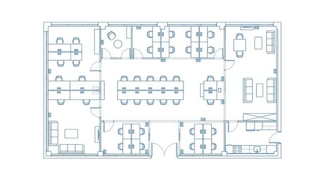 Architectural floor plan of a modern office space with multiple workstations and meeting areas