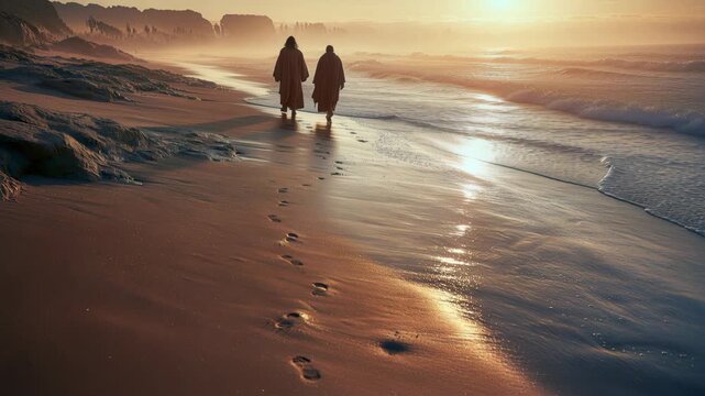 Two people walking on the beach during sunset with footprints in the sand