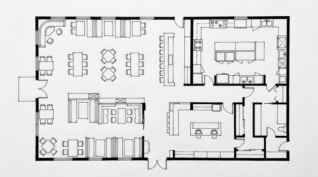 Handdrawn architectural floor plan of a restaurant layout
