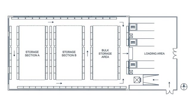Floor plan of a warehouse facility with storage sections and loading area