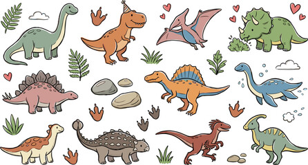 Watercolor Style Cute Dinosaur Vector Character Set with T-Rex Triceratops Spinosaurus Stegosaurus Plesiosaurus Ankylosaurus Parasaurolophus Velociraptor and Prehistoric Leaves for Children Patterns © Fahim