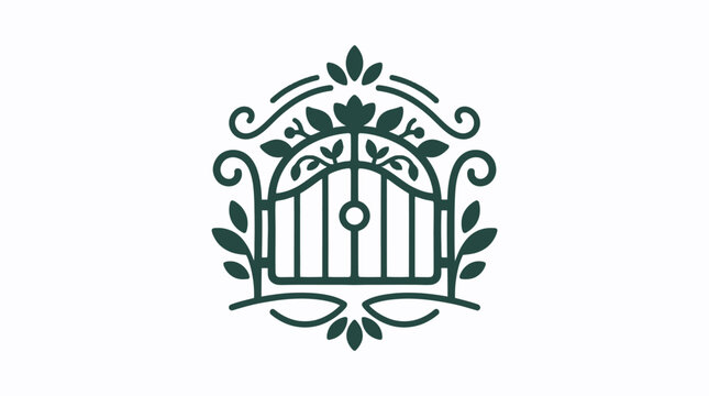 Minimalist garden gate logo with decorative foliage and elegant linear design.