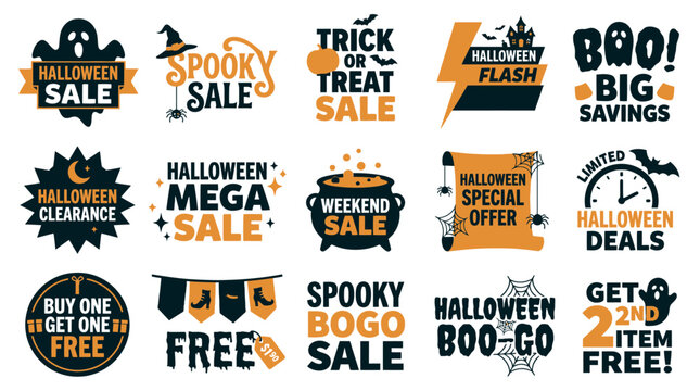 Halloween sale banners with spooky elements and discounts. Vector illustrations for promotions, flash deals, and limited-time offers. Commercial gr...