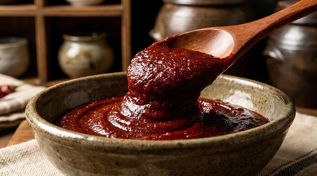Korean spicy gochujang chili paste in a traditional ceramic bowl with a wooden spoon. 
Gochujang cooking guide