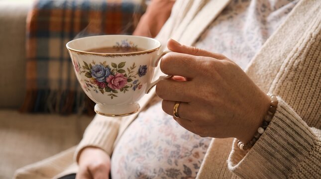 Elderly woman holding a steaming floral teacup while resting on a sofa with relaxing beverage lifestyle retirement homemaker porcelain