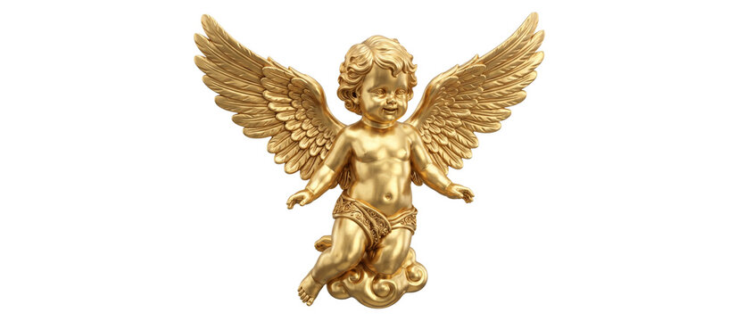 Luxurious Golden Cherub Angel Baby with Feathered Wings &ndash; Baroque 3D Gold Art