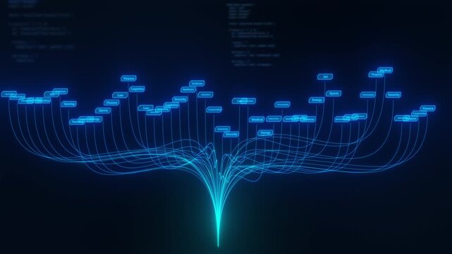 Deep learning neural network architecture animation; abstract digital data tree structure representing cyber automation
