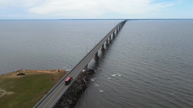 Confederation Bridge PEI Canada aerial view showing long concrete highway over ocean for transport and logistics