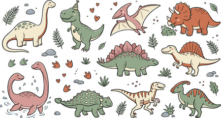 Watercolor Style Cute Dinosaur Vector Character Set with T-Rex Triceratops Stegosaurus Spinosaurus Plesiosaurus Ankylosaurus Parasaurolophus Velociraptor and Prehistoric Leaves for Children Patterns © Mdsahidul