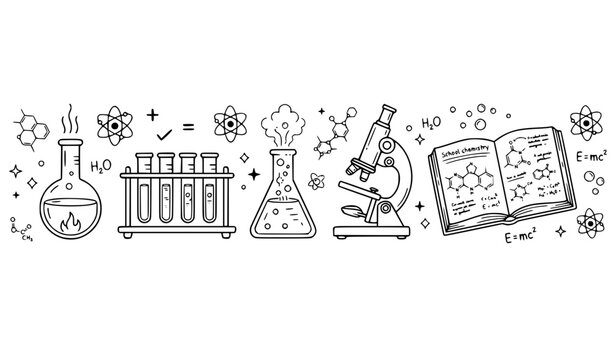Science and chemistry horizontal banner with microscope, test tubes, and book.