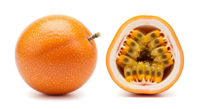 Fresh whole and halved granadilla fruit. Tropical passion fruit isolated. Healthy exotic food source.