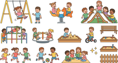 Children Playground and Outdoor Park Activities Vector Element Set with Kids Playing on Swing Seesaw Jungle Gym Carousel Sandbox and Reading Icons