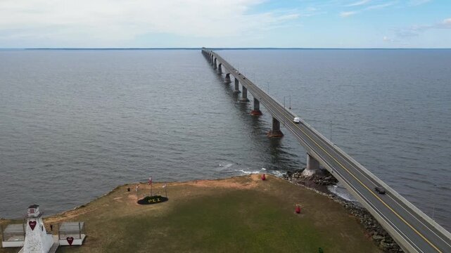 Aerial view of the longest bridge in Canada as main infrastructure highway connection