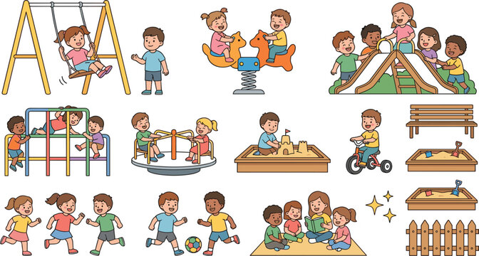 Children Playground and Outdoor Park Activities Vector Element Set with Kids Playing on Swing Seesaw Jungle Gym Carousel Sandbox and Reading Icons