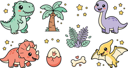 Cute Dinosaur Cartoon Vector Character Set with Baby T-Rex Triceratops Brachiosaurus Pterodactyl Hatching Egg Palm Tree and Leaves for Kids Fabric Designs © MstRakha