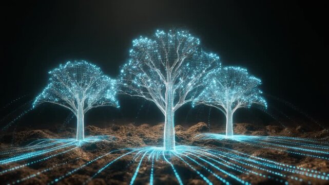 Three luminous digital trees with glowing roots extending into the earth, symbolizing growth and connection