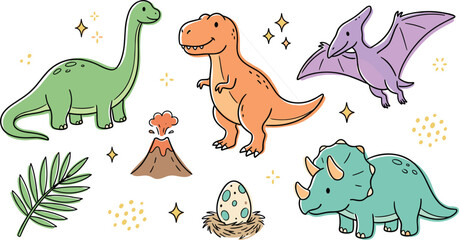 Cute Cartoon Dinosaur Vector Character Set Featuring T-Rex Brachiosaurus Triceratops Pterodactyl Erupting Volcano Egg Nest and Palm Leaf for Kids Nursery Designs © Mostrenu