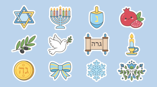 Colorful vector illustration set featuring various jewish holiday symbols including a menorah dreidel pomegranate star and decorative peace dove elements