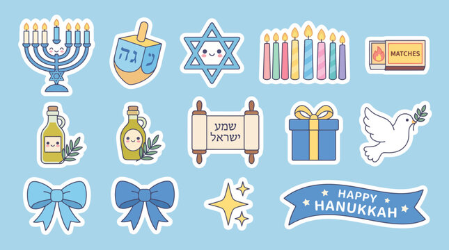 Colorful hanukkah sticker set featuring cute menorah dreidel star of david gifts and decorative festive elements in flat vector illustration