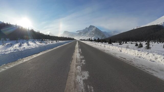 Scenic Icefields Parkway Road Through Canadian Rockies In Winter Alberta Canada