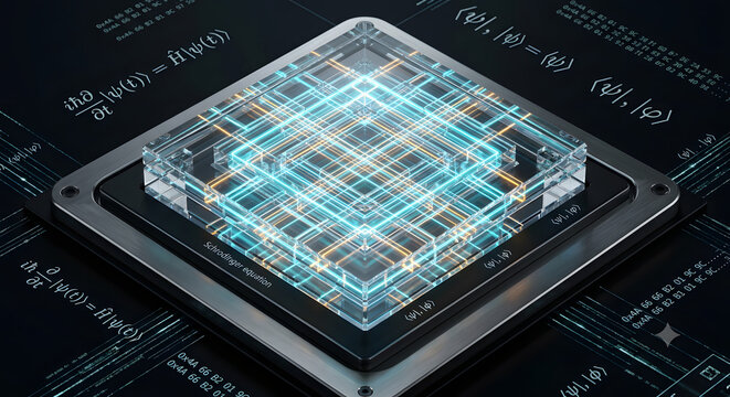 Photonic Quantum Processor Core with Schrodinger Equations and Cryptographic Waveguide Grid Concept Art
