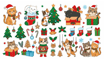 Fototapeta premium Christmas Cat Clipart Collection with Seasonal Elements | Cute Festive Vector Set