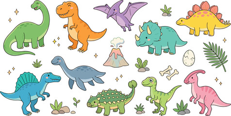 Kawaii Cute Dinosaur Cartoon Vector Character Set with Baby T-Rex Triceratops Brachiosaurus Stegosaurus Spinosaurus Ankylosaurus Erupting Volcano Egg and Prehistoric Bones Elements © MstRakha