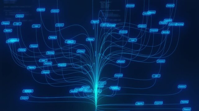 Futuristic machine learning concept; glowing three-dimensional digital circuit structure with floating business