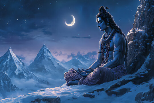 Lord Shiva meditating in lotus position on snow covered Himalayan mountain peak at night under a glowing crescent moon