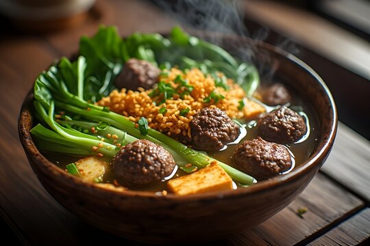 bakso soup with tofu and bok choy in a bowl