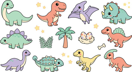 Kawaii Cute Dinosaur Cartoon Vector Character Set with Baby T-Rex Triceratops Brachiosaurus Stegosaurus Ankylosaurus Spinosaurus Hatching Eggs and Palm Tree Elements © Mst