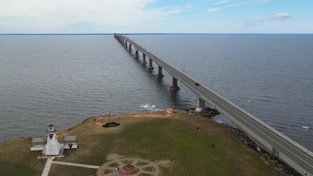 Drone shot of Canada infrastructure connecting Prince Edward Island by the longest bridge