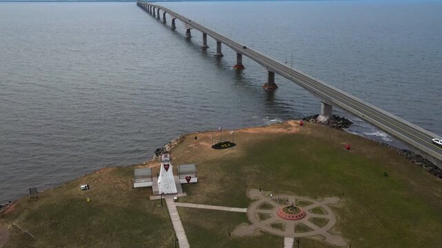 Confederation Bridge PEI Canada aerial view of coastal park with lighthouse architectural landmark