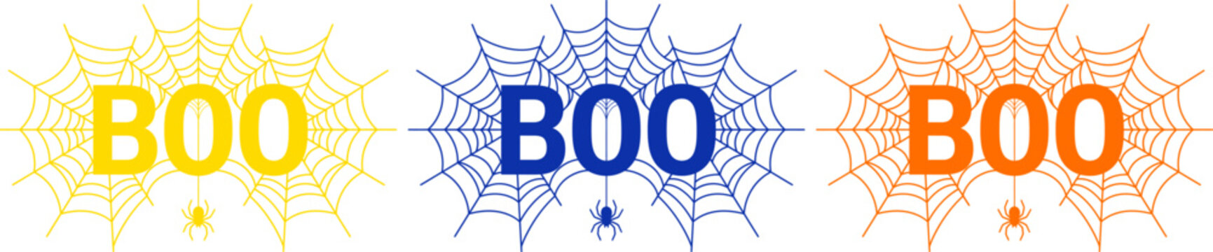 Halloween boo typography with spiderwebs yellow blue and orange designs
