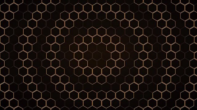 Glowing golden hexagonal pattern forming a mesmerizing abstract spiral background loop on deep black surface futuristic energy flow technology connection network animation