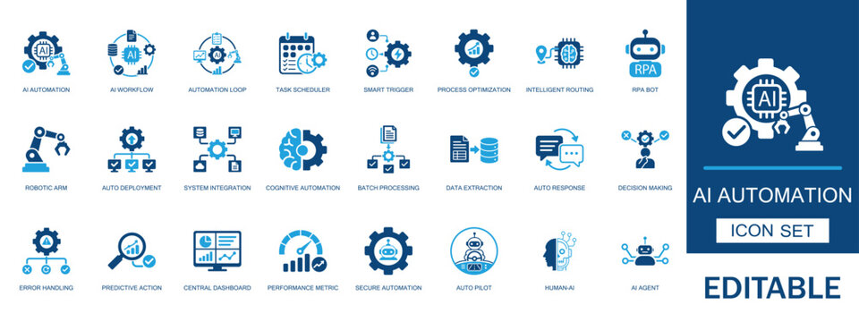 AI automation solid icon set. Featuring robotic workflow process optimization task scheduler smart trigger technology rpa bot artificial intelligence dashboard and network.