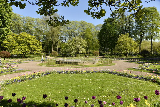 V&eacute;g&eacute;tation luxuriante avec parterres de fleurs au printemps au parc de la Dodaine &agrave; Nivelles 