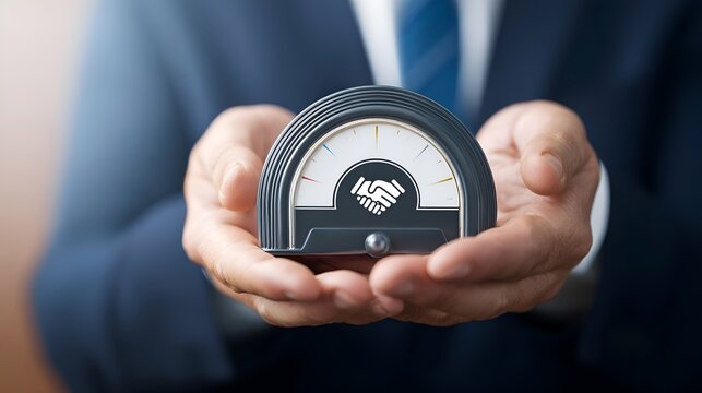 businessman pushing a button on a white background